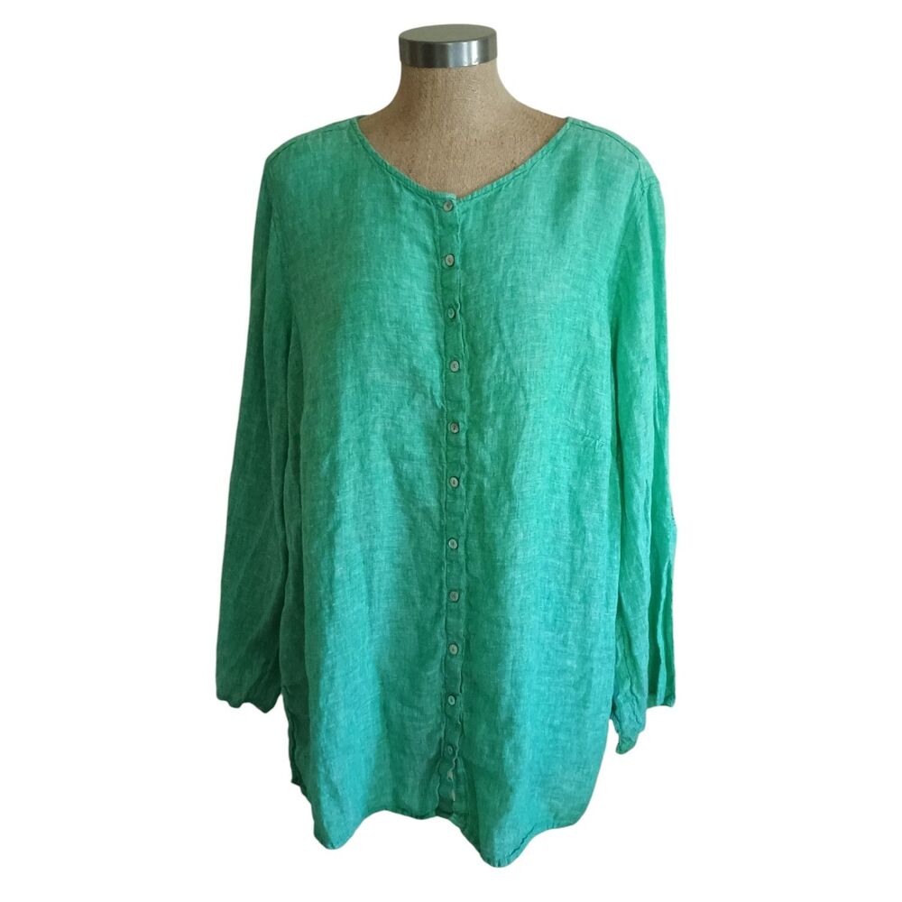 Tahari Blouse Top 2X Plus Linen Roll Tab Sleeve Gauzy Boho Coastal Green